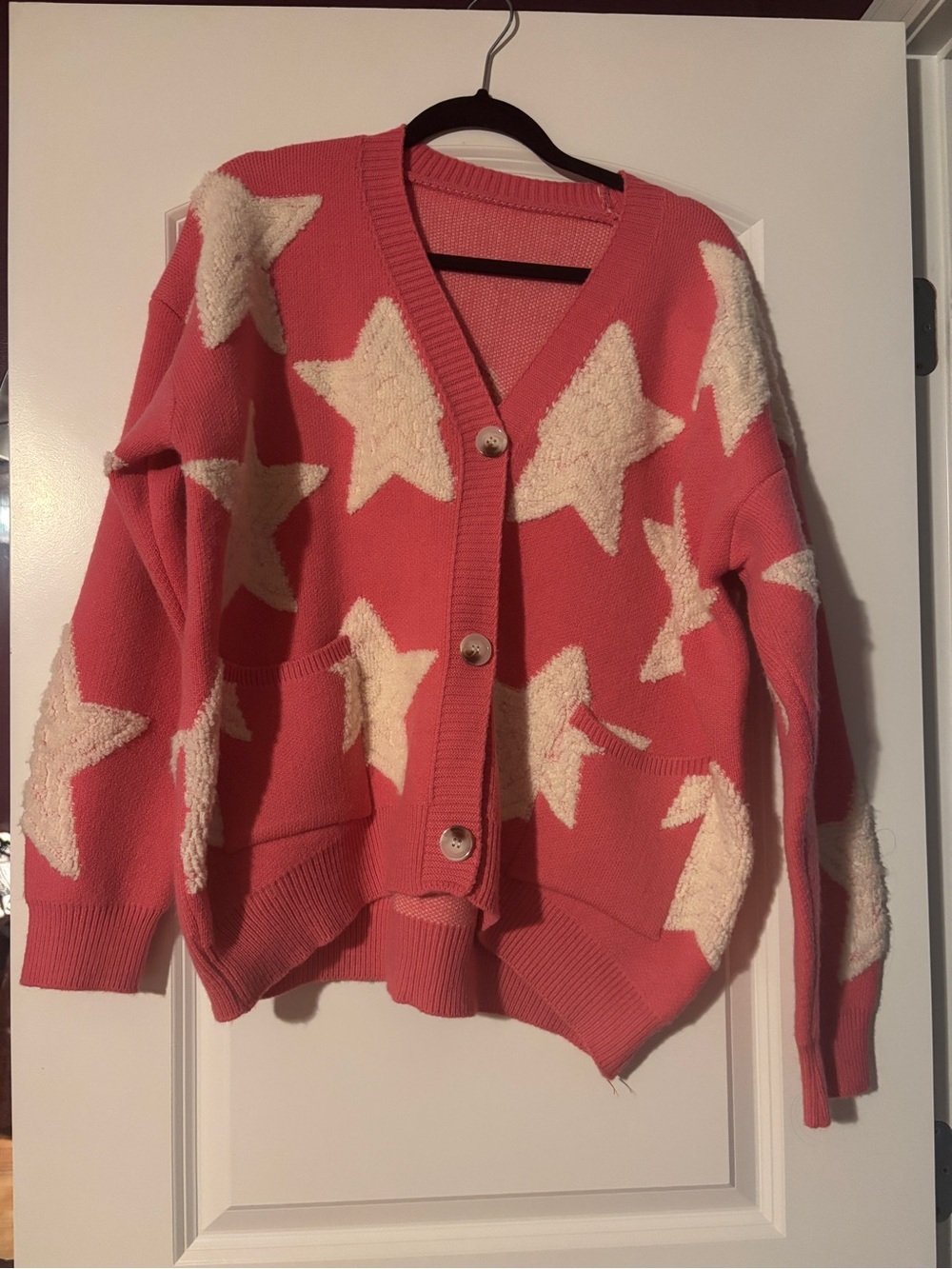 Women’s Pink and White Star Pattern Button-Up Cardigan Sweater